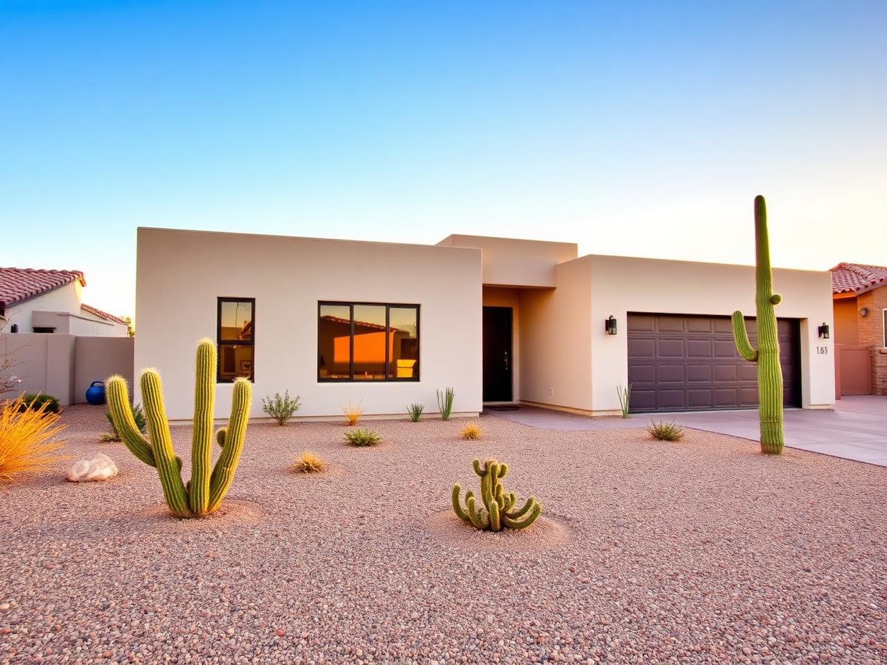 Modern Arizona home with desert landscaping at golden hour